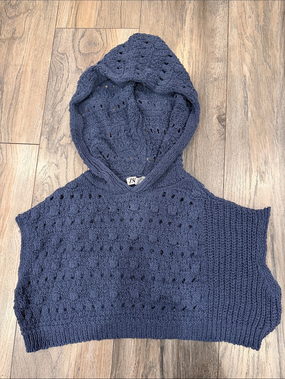 Zara Open-Knit Hooded Poncho in Navy Blue